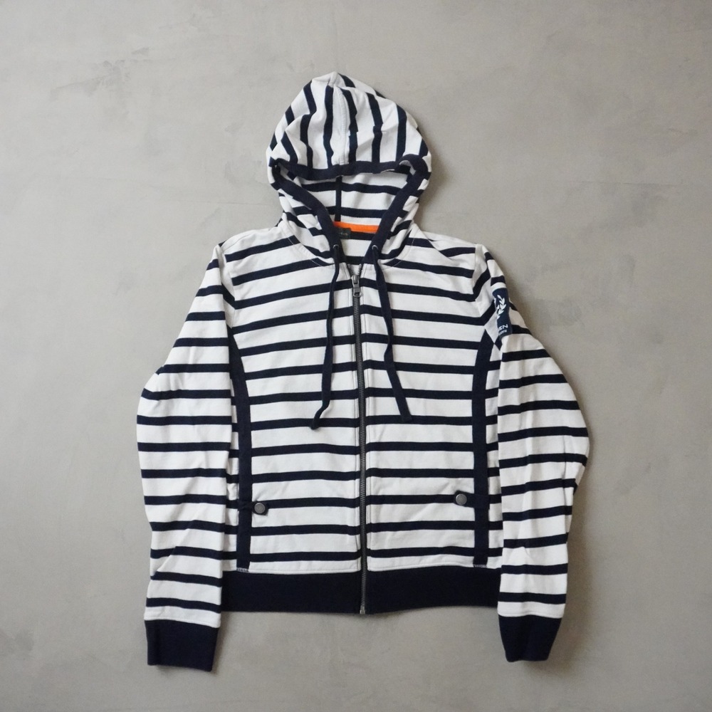 Ralph Lauren Striped Zip Large Womens Hoodie Jacket White Blue Nautical Anchor